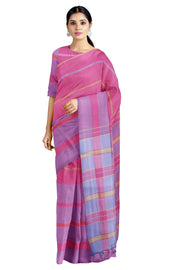 Bubblegum Pink Saree with Blue, Yellow and Purple Stripes and Border