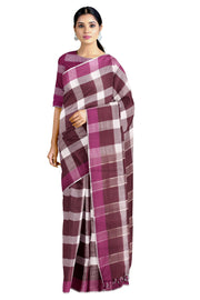 Grape Brown and White Check Saree with Magenta Border
