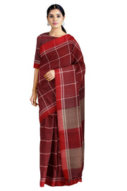 Garnet Red Saree with Grey, Red and White Checks and Border