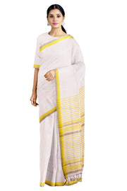 White Saree with Yellow and Brown Border