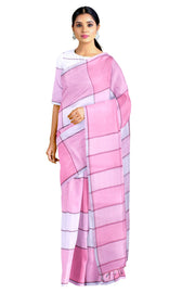 Cotton Candy Pink and White Saree with Brown Checks