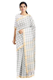 Sage Green and White Check Saree with Butter Milk Yellow Border