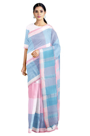 Pink, Blue and White Shaded Check Saree with White and Pink Border