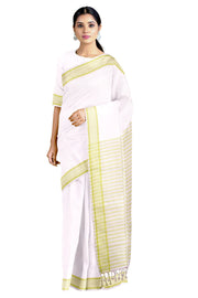 White Saree with Pear Green Lining Border