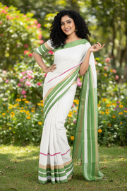 White Saree with Magenta, Beige and Green Border