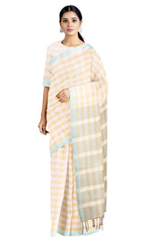 Parmesan Yellow and White Check Saree with Cyan Border