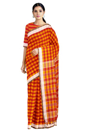 Apple Red and Fire Yellow Check Saree with White, Brown and Khakhi Check Border
