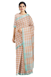 Beige and White Check Saree with Cyan Border