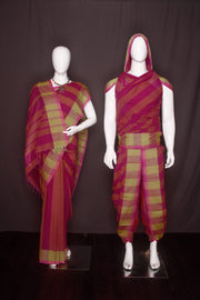 Magenta and Yellow Striped Aahar Joda with Green Border