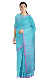 Comic Book Blue Saree with Magenta Border