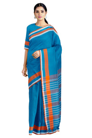 Blue Saree with White and Orange Border