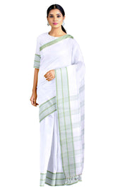 White Saree with Olivine Green Lining Border