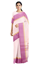 White Saree with Peach Stripes and Yellow and Magenta Border