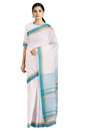 White Saree with Beige and Blue Border