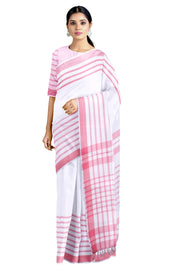 White Saree with Rouge Pink and Red Stripes and Border
