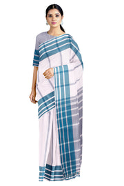 White Saree with Grey Stripes and Petrol Blue Border