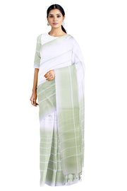 White, Emerald Green Saree with White, Emerald Green Stripes and Border