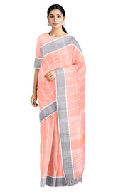 Pink Saree with White Striped and Gray Border