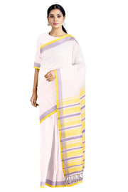 White Saree with Purple and Yellow Border