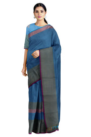 Blue Saree with Green Orange and Magenta Border