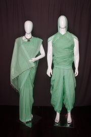 Green and White Striped Aahar Joda with Plain Border