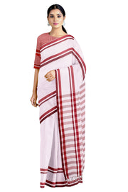White Self Check Saree with Red and Brown Border