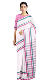 White Self Check Saree with Green and Magenta Pink Border