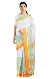 White, Green Saree with White, Green Striped and Green, Orange Border