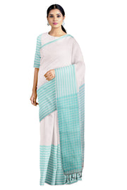 White Saree with Cyan Border
