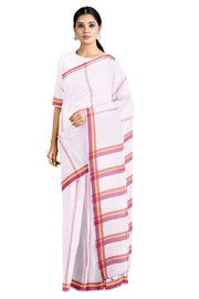 White Saree with Yellow and Magenta Stripes and Border
