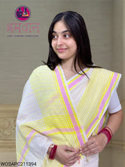 White Saree with Blue Striped and Yellow, Pink Border