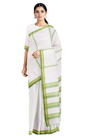 White Saree with Yellow and Green Stripes and Border