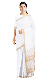 White Plaine Saree with Brown Border