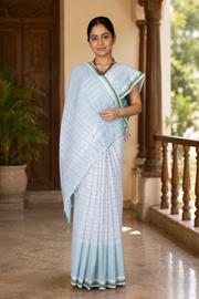 White Saree with Sage Green and Sky Blue Linings and Border