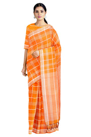 Orange Saree with White Lining Checks and Border