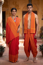 Traditional Handloom Joda Set in Red with Yellow Striped Base and Yellow Border