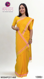 Curcuma Yellow Saree with Striped and Pink Border
