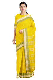 Self Striped Yellow Saree with Green and Golden Border