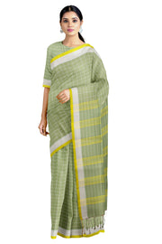 Green and White Check Saree with White and Yellow Border