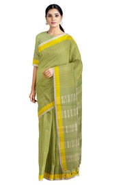 Green and Yellow Check Saree with Yellow and White Border