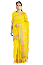 Self Striped Yellow Saree with Red and Green Border