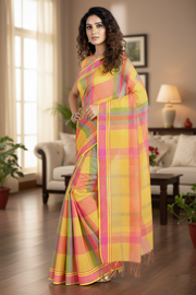 Yellow and Magenta Lining Multi Colour Check Saree with Same Border