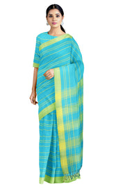 Light Sea Green Saree with Yellow Striped and Yellow Border