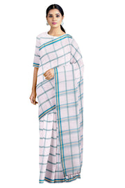 White Saree with Blue and Beige Lined Checks and Border