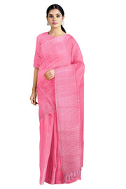 Ruby Pink Saree with White Striped and White Border