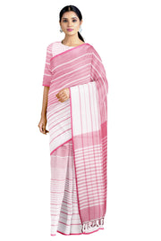 Pink and White Striped Saree with Magenta Border
