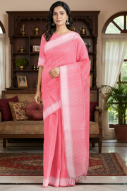 Pink Saree with White Striped and White Border