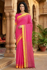 Magenta Saree with Yellow Striped and Yellow Border