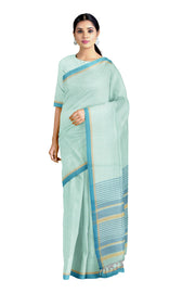 Cyan and White Striped Saree with Beige and Blue Border