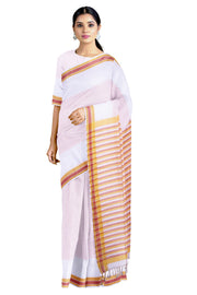 White Saree with Yellow and Red Linings and Border